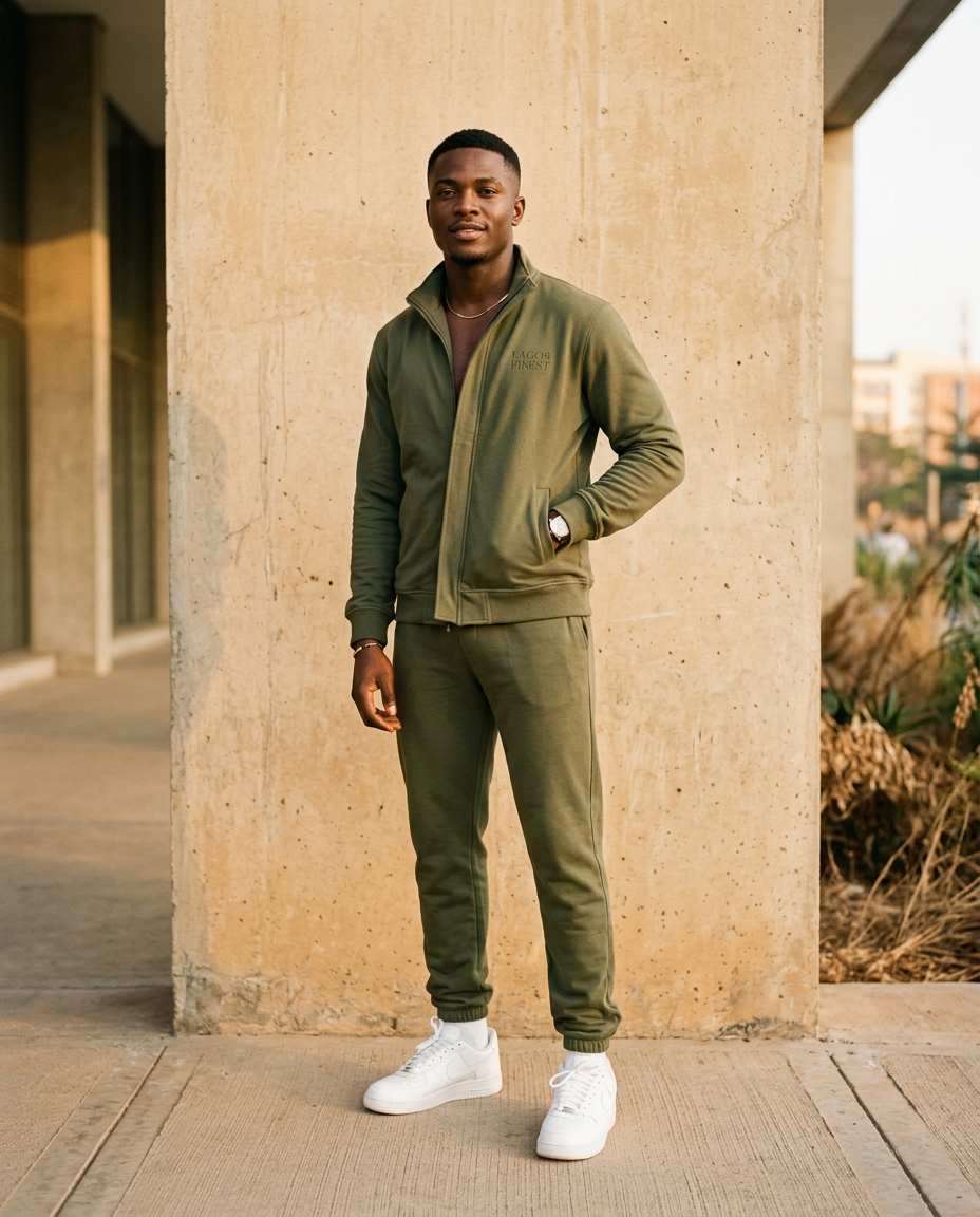 Man wearing the F28 olive Motion tracksuit against a beige wall