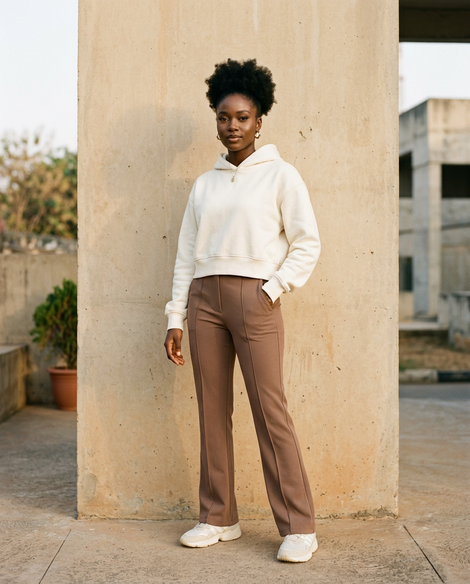 Woman wearing the F28 ivory cropped hoodie and mocha flared pants against a beige wall